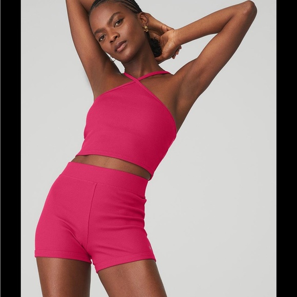 Alo Goddess ribbed cross crop. Never been worn. Pink - Picture 2 of 5